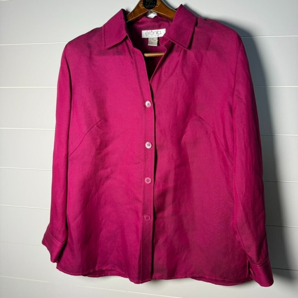 Elana by Tanner Magenta Pink Linen Silk Blend Button Front Blouse 14